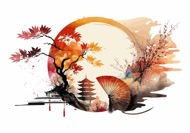 China colorful watercolor illustration Made on the basis of AI Generation Vector sketch travel world zen asia tourism silhouette landscape black culture nature conceptvector illustration