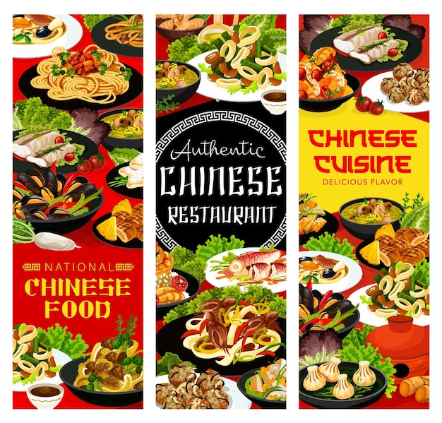 Vector china dishes chinese cuisine cartoon banners set