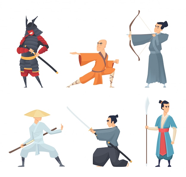 China fighters. Traditional eastern heroes emperor guangdong samurai ninja sword  cartoon characters in action poses