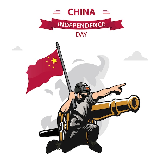 China Independence Day vector Flat Design Patriotic soldier carrying China Flag