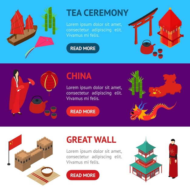 China Touristic Banner Horizontal Set Isometric View Vector