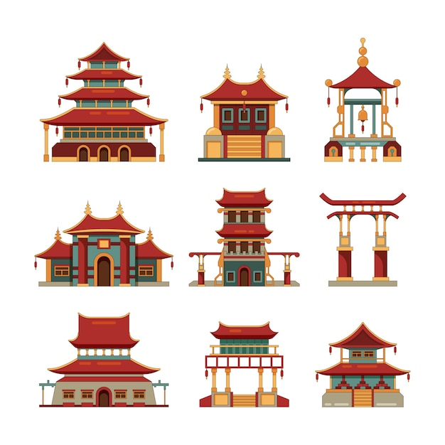 China traditional buildings. Cultural japan objects gate pagoda palace cartoon collection of buildings