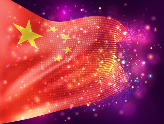 China, vector 3d flag on pink purple background with lighting and flares