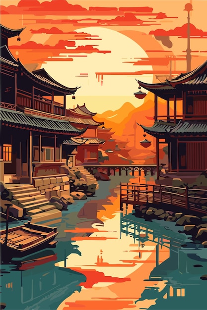 China village landscape in the evening Vector flat illustration