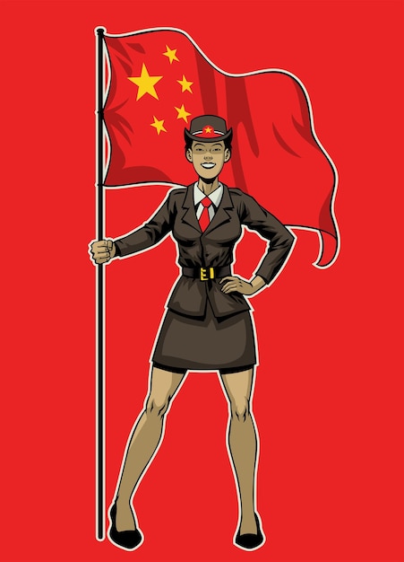 China Women Ary Standing and hold the Flag