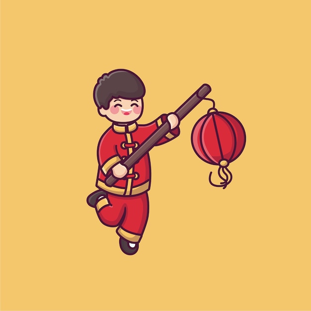 chines boy wearing chinese costumes holding lanterns