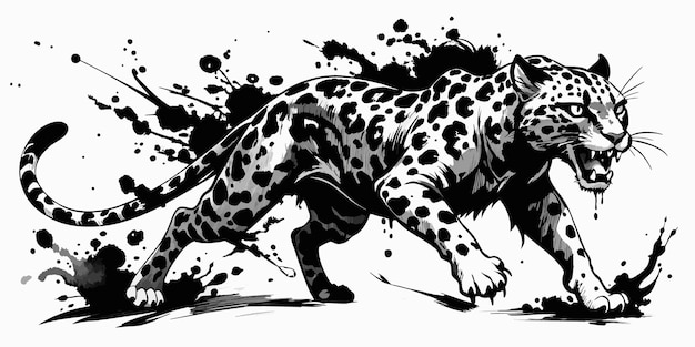 Chinese black and white ink painting of Leopard with artistic brush strokes and splatter effect