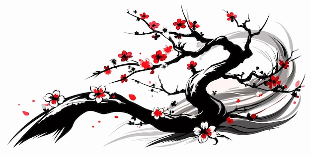 Chinese black and white ink painting of plum blossom with artistic brush strokes and splatter effect