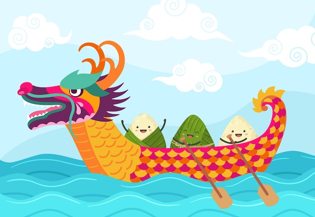 Chinese boat festival Dragons festivity ship cartoon asian food symbol Rice dumplings floating in sea chinese zongzi exact vector banner