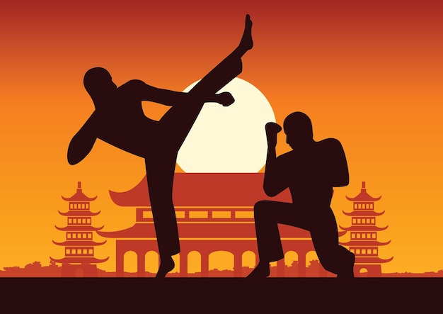 Chinese Boxing Kung Fu martial art famous sporttwo boxer fight together around with Chinese temple