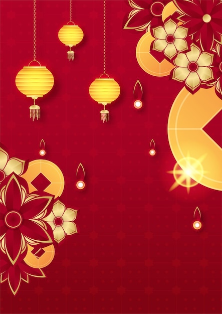 Chinese china universal red and gold background with lantern, flower, tree, symbol, and pattern. Red and gold papercut chinese background template