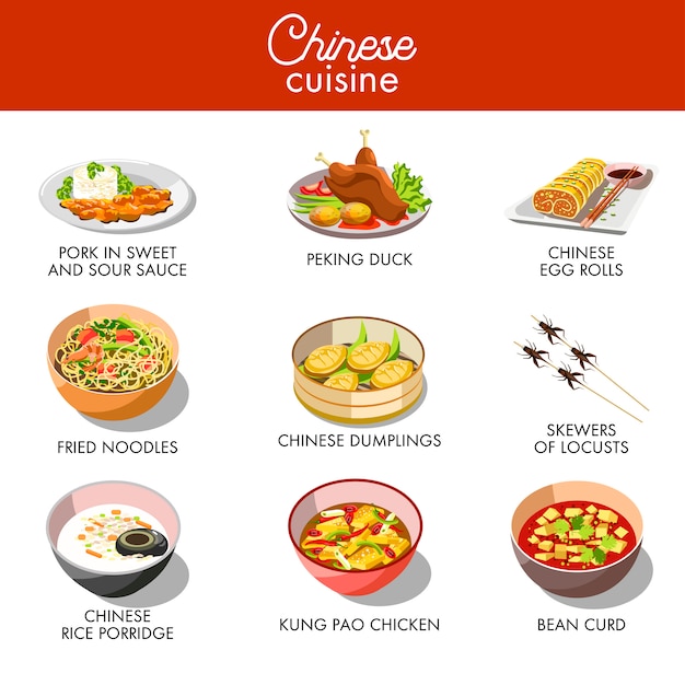 Chinese cuisine traditional dishes vector flat icons set