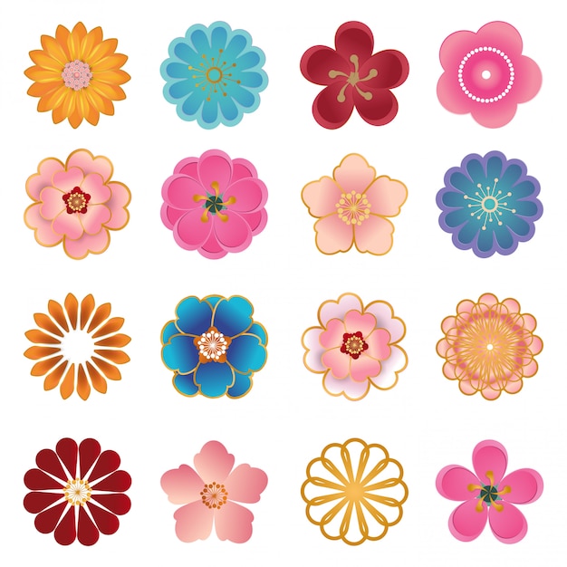 Chinese Decorative Icons,  Flowers in Modern 3d Paper cut style.