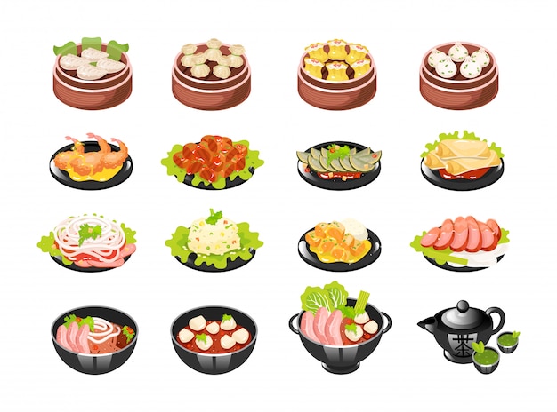 Chinese dishes icons set.