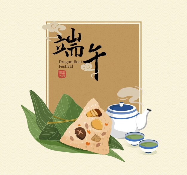 Vector chinese dragon boat festival illustration with delicious rice dumplings and hot tea set