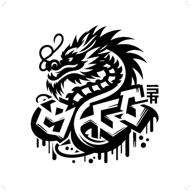 chinese dragon silhouette people in graffiti tag hip hop street art typography illustration