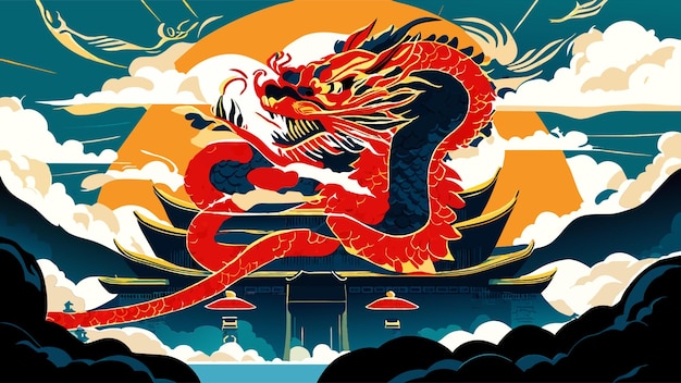 a chinese dragon in the sky vector illustration flat 2