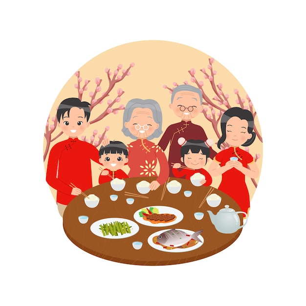 Chinese family celebrate Lunar new year together Happy family dinner at table decorated with cherry tree Flat vector isolated on white background