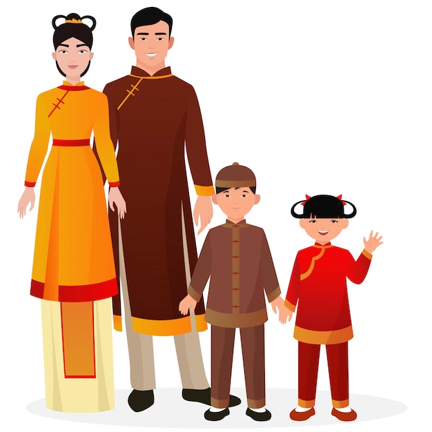 Chinese family in traditional national clothes