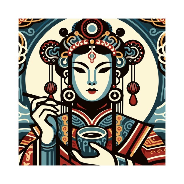 Chinese female flat vector design in art nouveau style