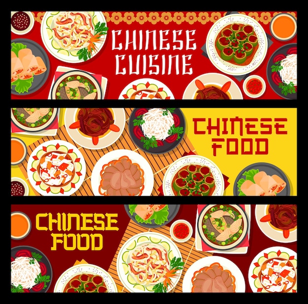 Vector chinese food of asian cuisine banners with seafood, meat and vegetable dishes.