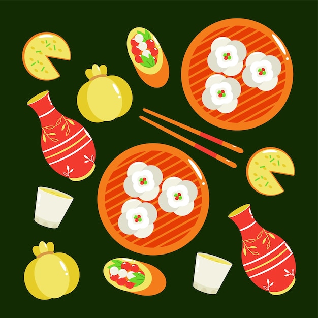 Chinese food steamed bun and wine bottle pattern