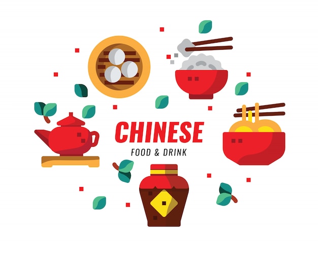 Chinese foods and drink, cuisine, recipes banner. Flat design vector illustration