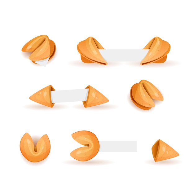 Vector chinese fortune cookies flat food vector cartoon set isolated white background photo-realistic. fortune cookies with blank paper template. open and closed chinese fortune cookies. vector illustration