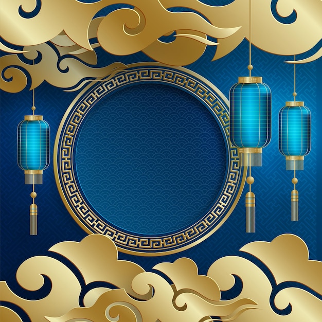 Chinese frame with oriental Asian elements on color background