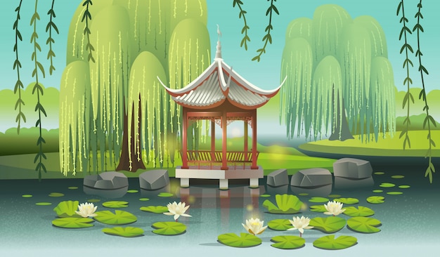 Chinese gazebo on the lake with water lilies and willows. Сartoon style vector illustration.