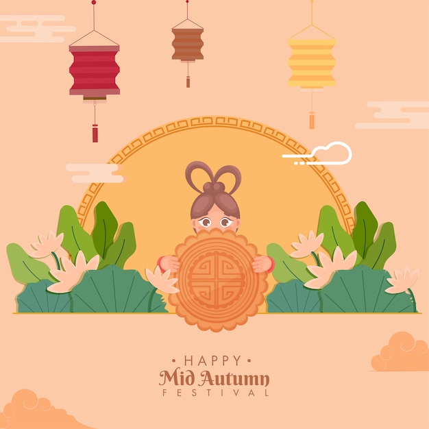 Chinese Girl Holding a Mooncake with Paper Cut Leaves and Hanging Lanterns Decorated on Light Orange Background for Happy Mid Autumn Festival.