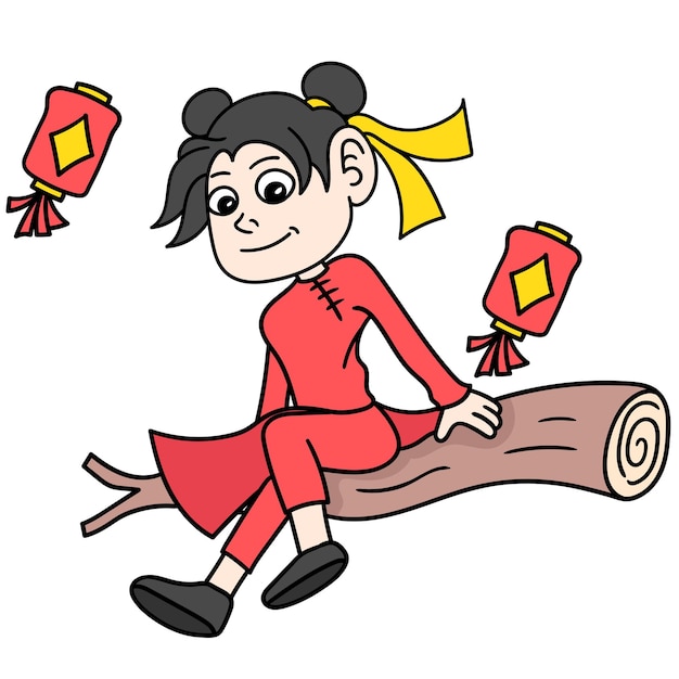 Chinese girls celebrate Chinese New Year, doodle draw kawaii. vector illustration art