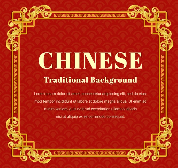 Chinese gold pattern with oriental asian elements on red color background and gold frame