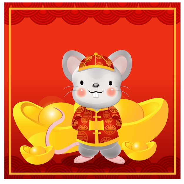 Chinese happy new year, the year of rat. Cute rat cartoon character in traditional Chinese dress surround with gold bar