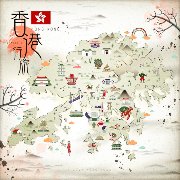 Chinese ink style Hong Kong travel map with attractions icons in flat design