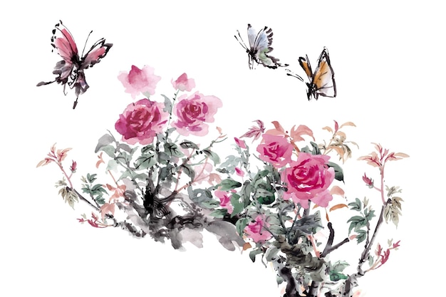 Chinese ink watercolor painting Butterflies fly around flowers