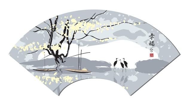 chinese and japanese style fan with landscape