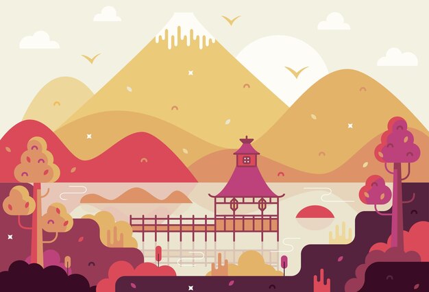 Vector chinese landscape with pagoda on lake and mountains background