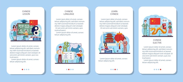 Chinese language learning mobile application banner set. Language school chinese course. Study foreign languages with native speaker. Idea of global communication. Vector flat illustration