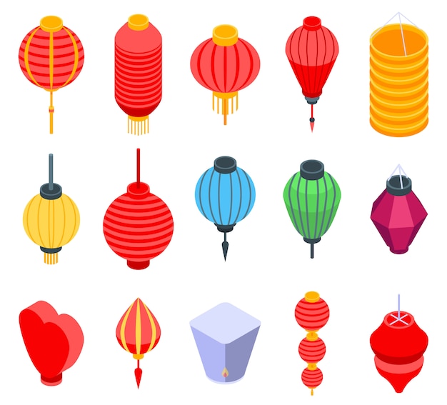 Chinese lantern icons set, isometric style