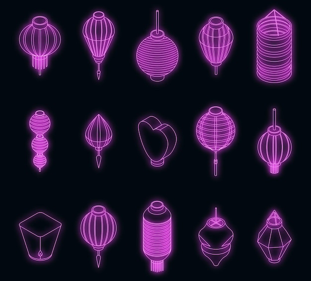 Chinese lantern icons set vector neon