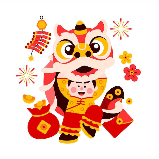 Vector chinese lion dance chinese new year flat design element cartoon vector illustration dragon year