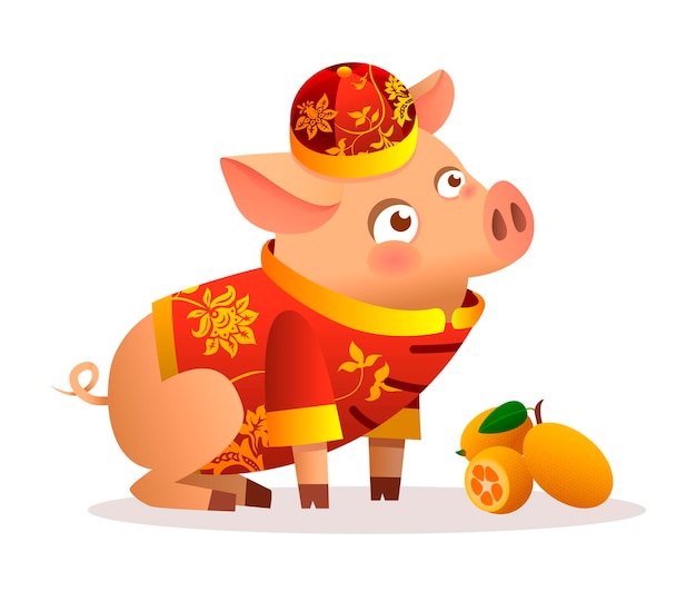 Chinese little pig cartoon character design with traditional chinese red costume and red hat. Ripe orange tangerines. Vector illustration isolated on white background. Zodiac of the Pig.