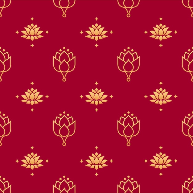 Chinese lotus flower seamless pattern. Oriental floral vector ornament with decorative gold flowers