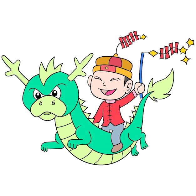 Chinese Lunar New Year celebration riding a flying dragon, doodle draw kawaii. illustration art