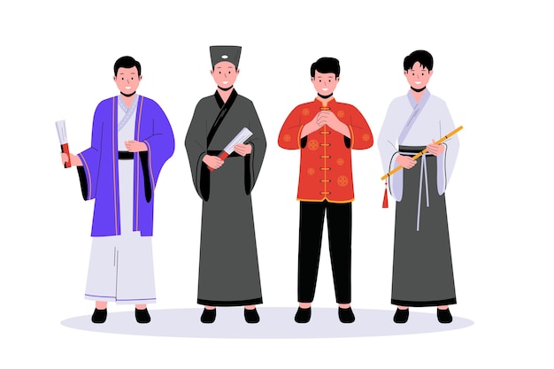 Chinese man in traditional clothes vector illustrations