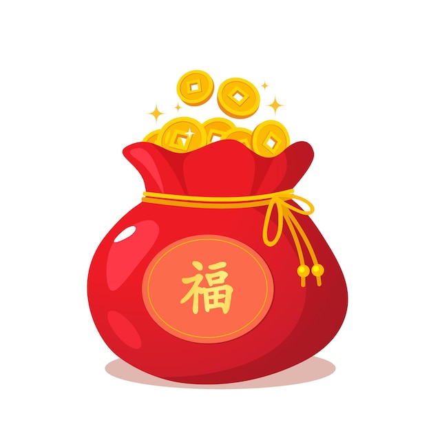 Chinese money bag with a lot of gold coins