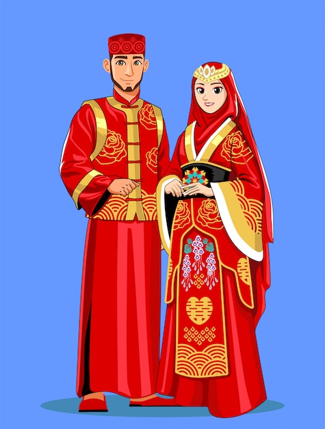 Chinese muslim brides in red traditional clothes