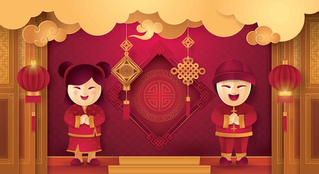 Chinese National Dress wish a Happy Chinese New Year Cloud and Hanging Lanterns Paper art vector