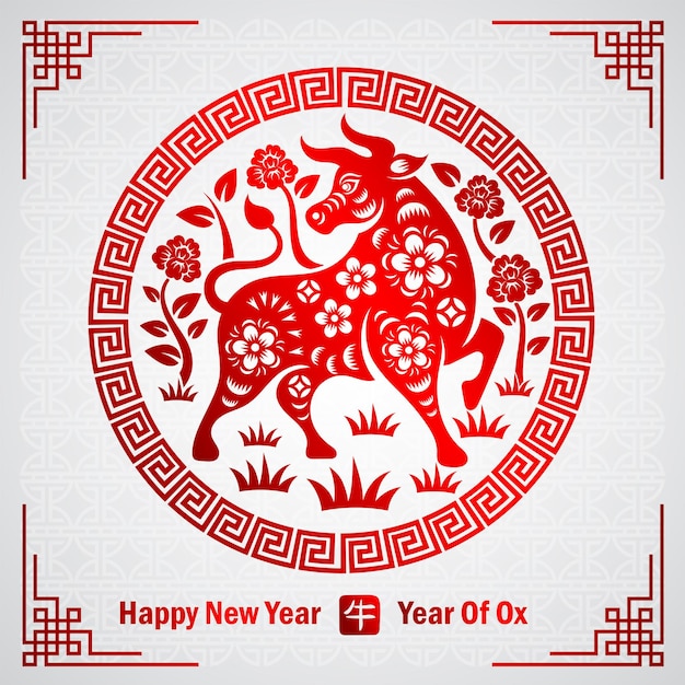 Chinese new year 2021 card is bull paper cut in circle frame and Chinese word mean bull